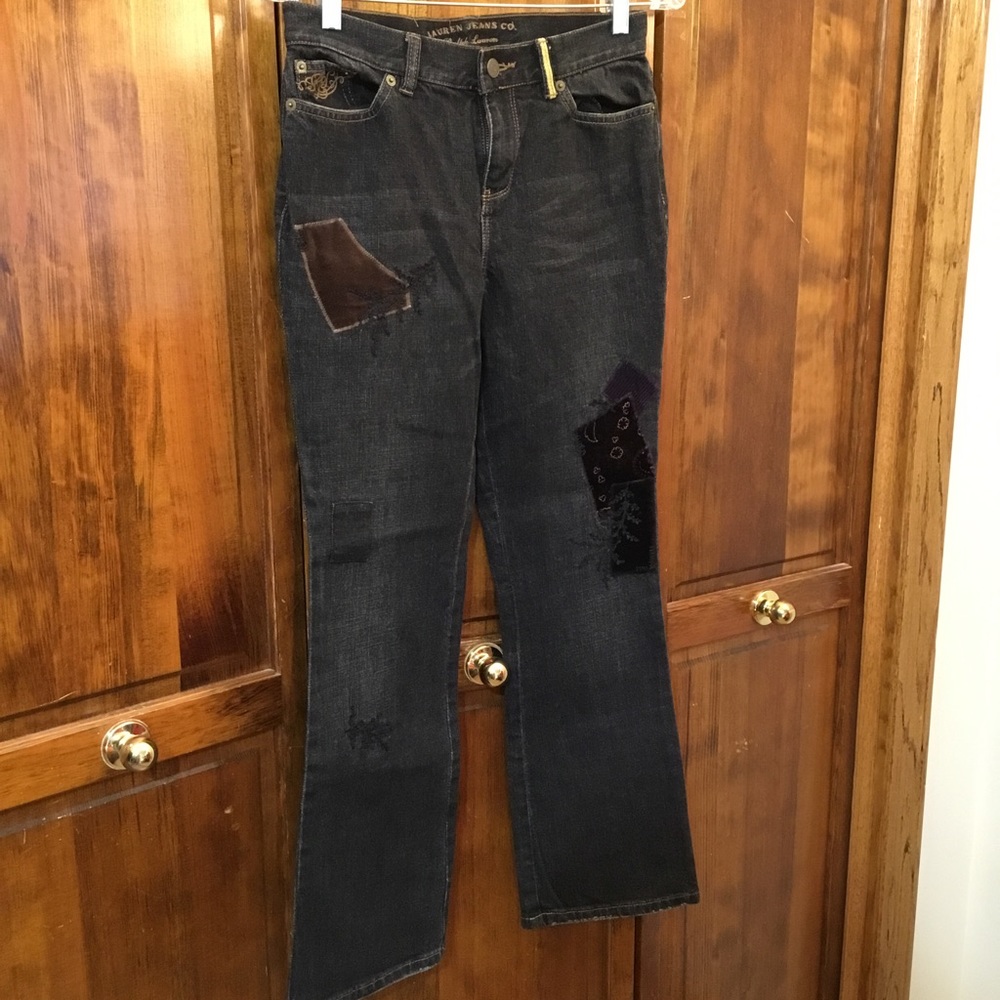 Lauren Jeans faux patched jeans, size 2P, velveteen patches bead embellished